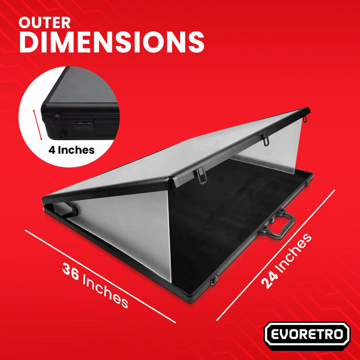 Lockable aluminum display case with clear top for showcasing collectibles – EVORETRO - dimensions