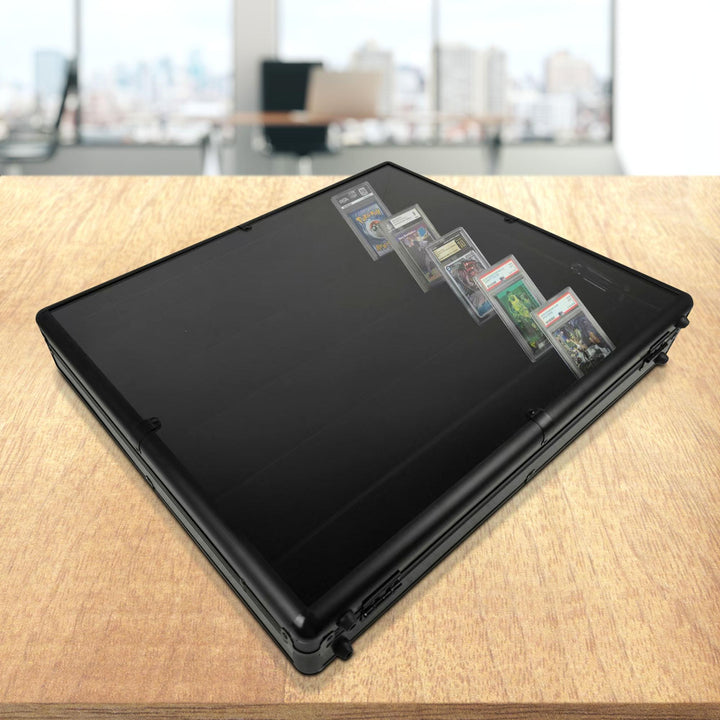 Lockable aluminum display case with clear top for showcasing collectibles – EVORETRO withc cards