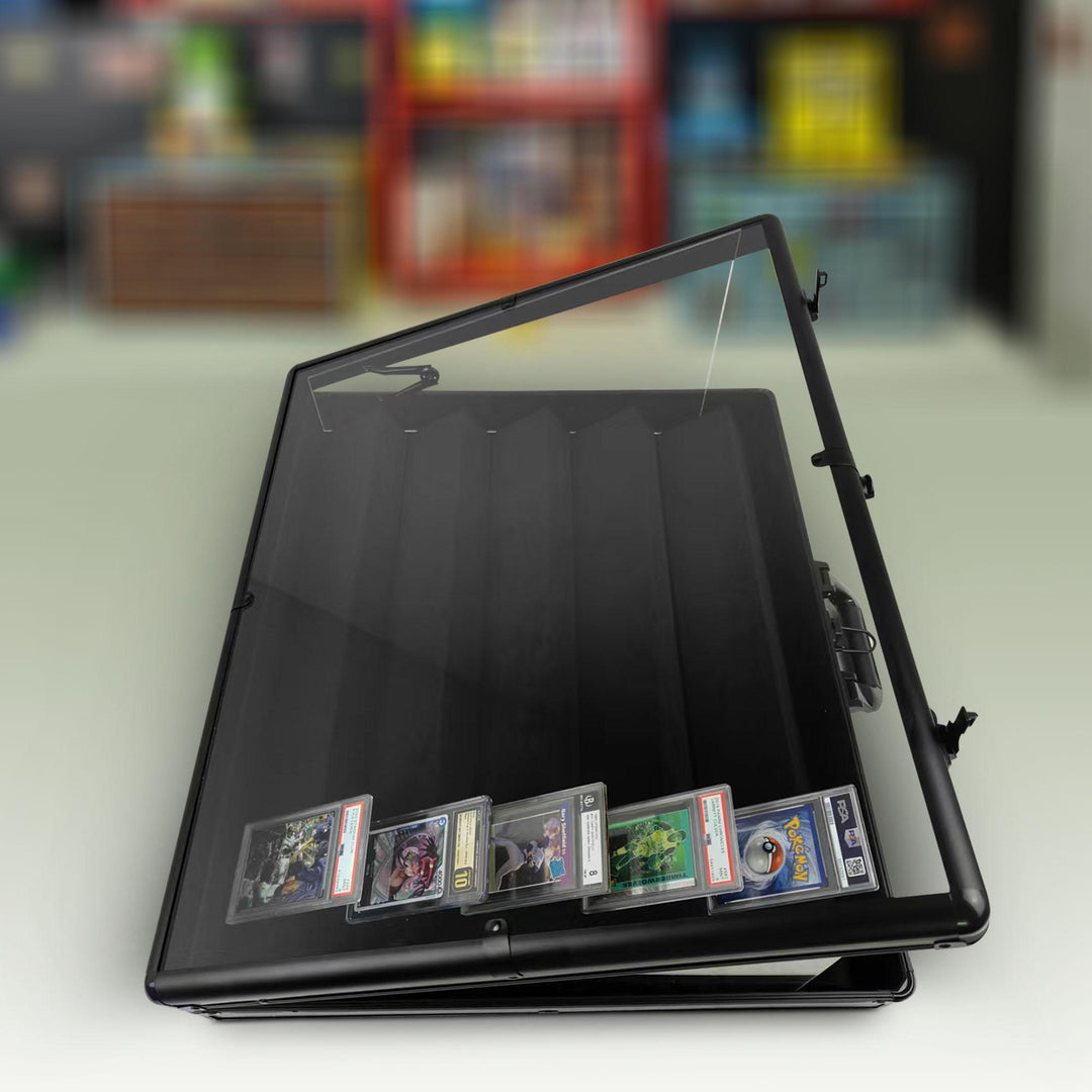 Lockable aluminum display case with clear top for showcasing collectibles – EVORETRO open with cards