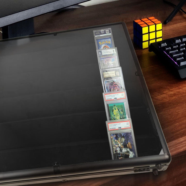 Lockable aluminum display case with clear top for showcasing collectibles – EVORETRO lifestyle