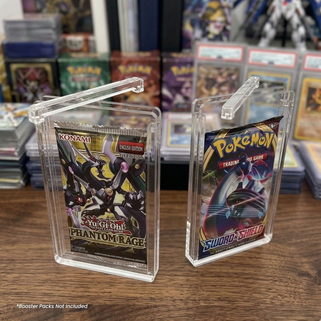 EVORETRO acrylic booster pack cases displaying sealed Pokemon and YuGiOh packs on table