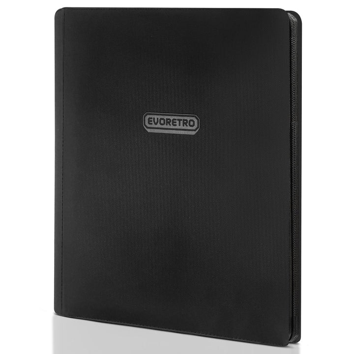 Black 9 pocket zip up trading card binder holding 360 cards with zipper closure