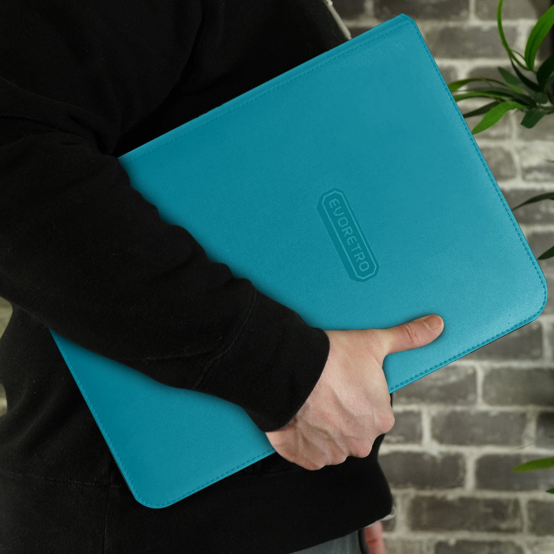 blue 9-pocket zip-up card binder for trading card storage – EVORETRO blue lifestyle