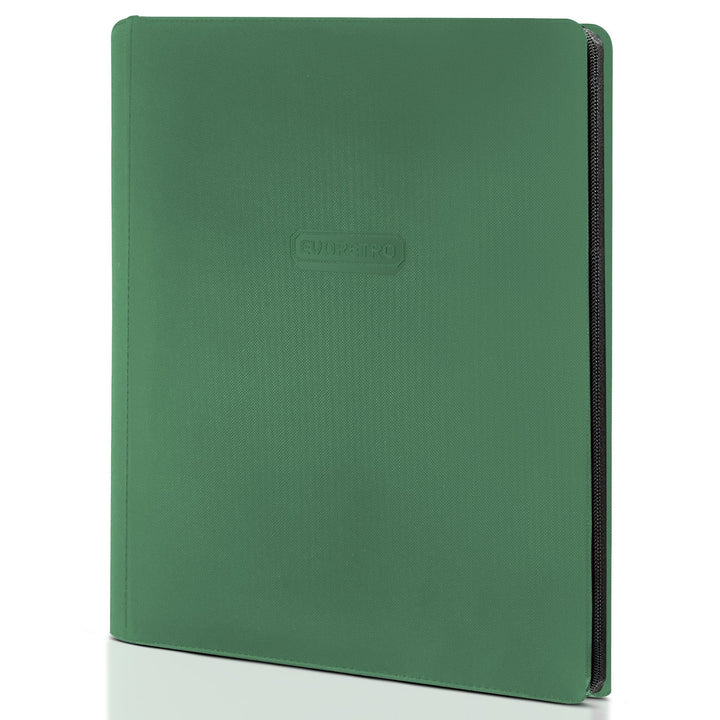 Green 9 pocket zip up trading card binder holding 360 cards with zipper closure