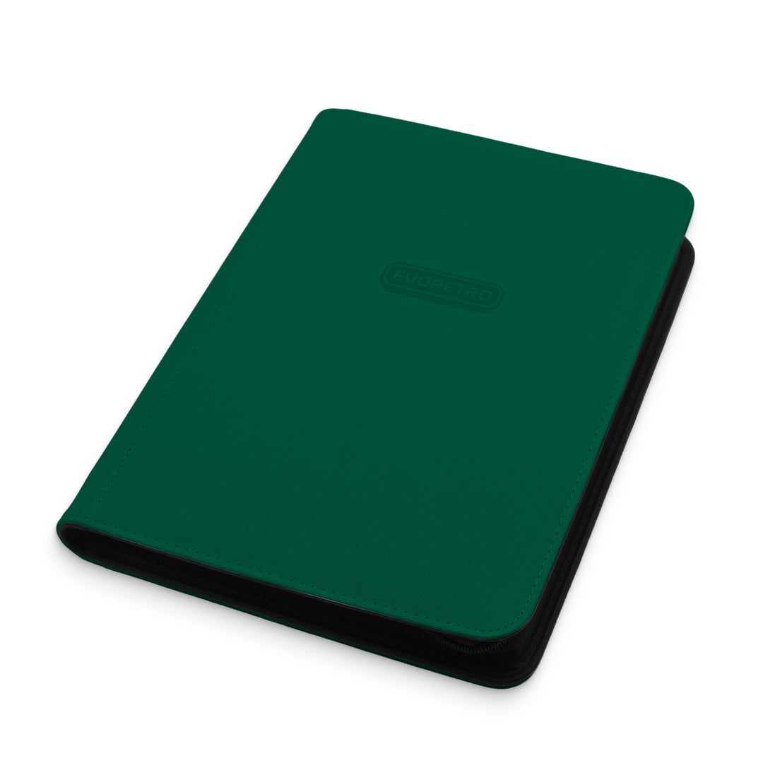 Green 9-pocket zip-up card binder for trading cards, secure storage for Pokémon and sports cards