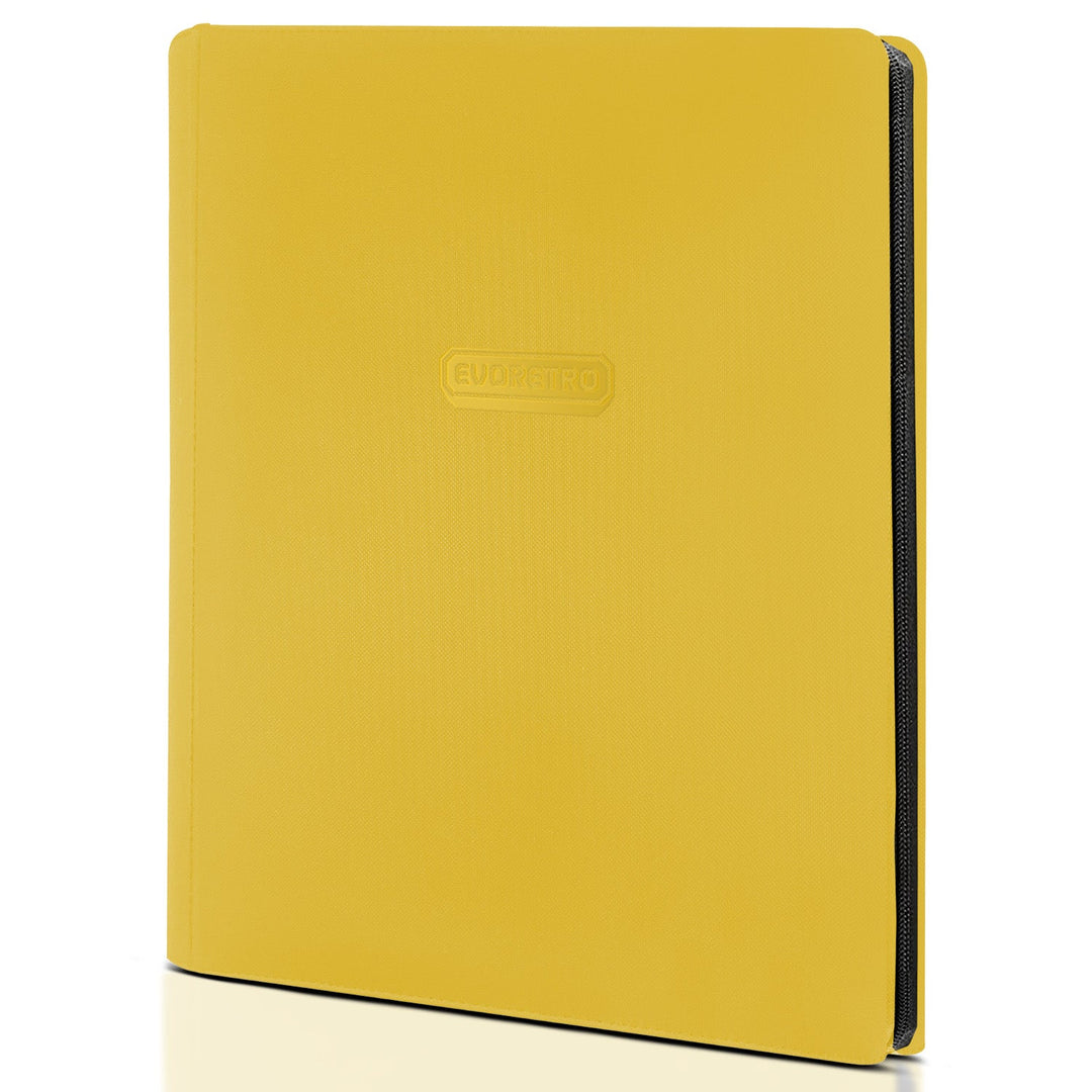 Yellow 9 pocket zip up trading card binder holding 360 cards with zipper closure
