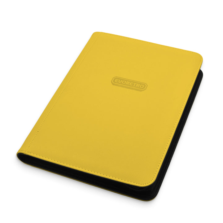 Yellow 9-pocket zip-up card binder for trading cards, secure storage for Pokémon and sports cards