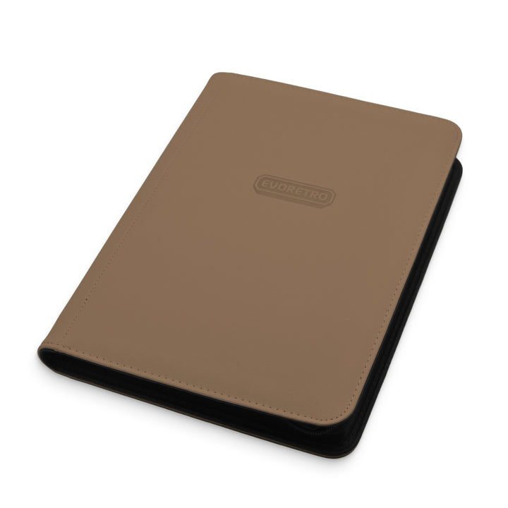 Brown 9-pocket zip-up card binder for trading cards, secure storage for Pokémon and sports cards