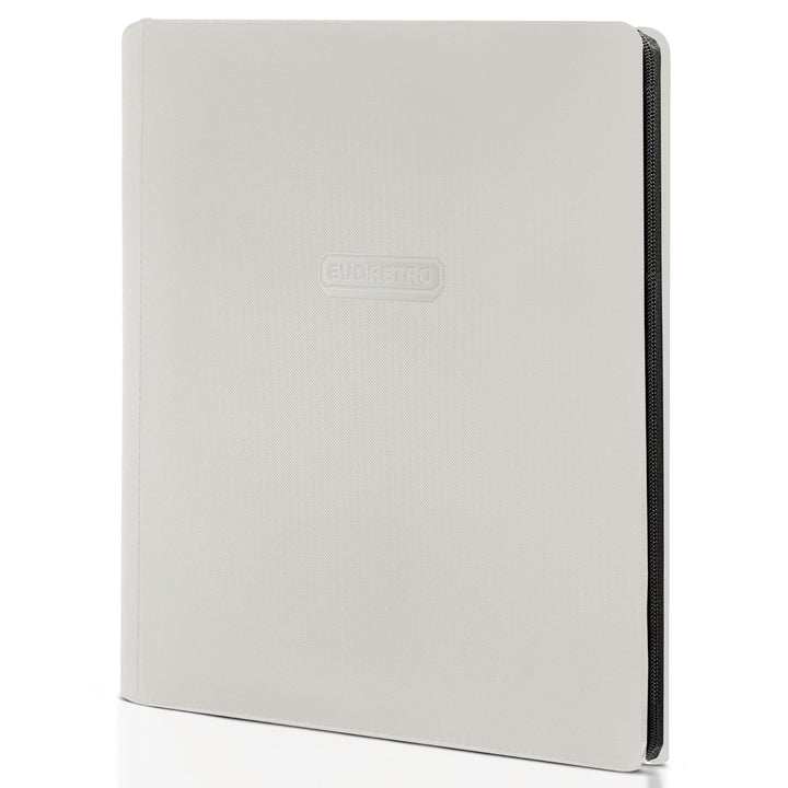 White 9 pocket zip up trading card binder holding 360 cards with zipper closure