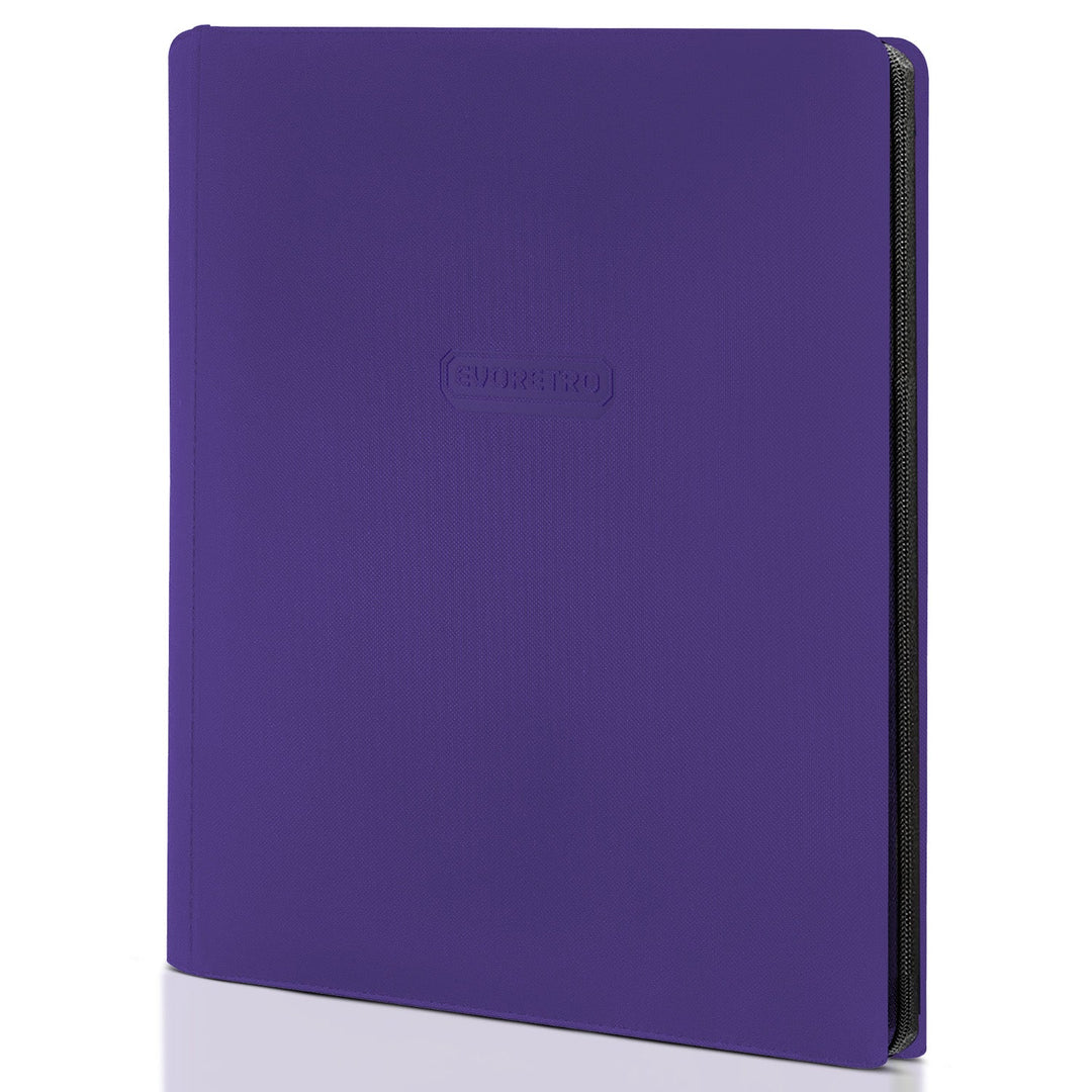 Purple 9 pocket zip up trading card binder holding 360 cards with zipper closure