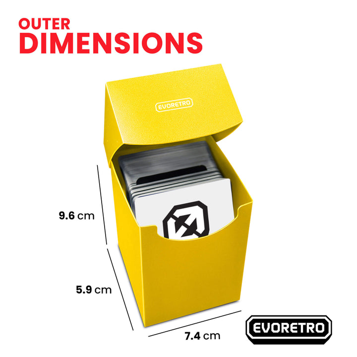Durable plastic deck case for collectible cards – EVORETRO yellow outer dimensions