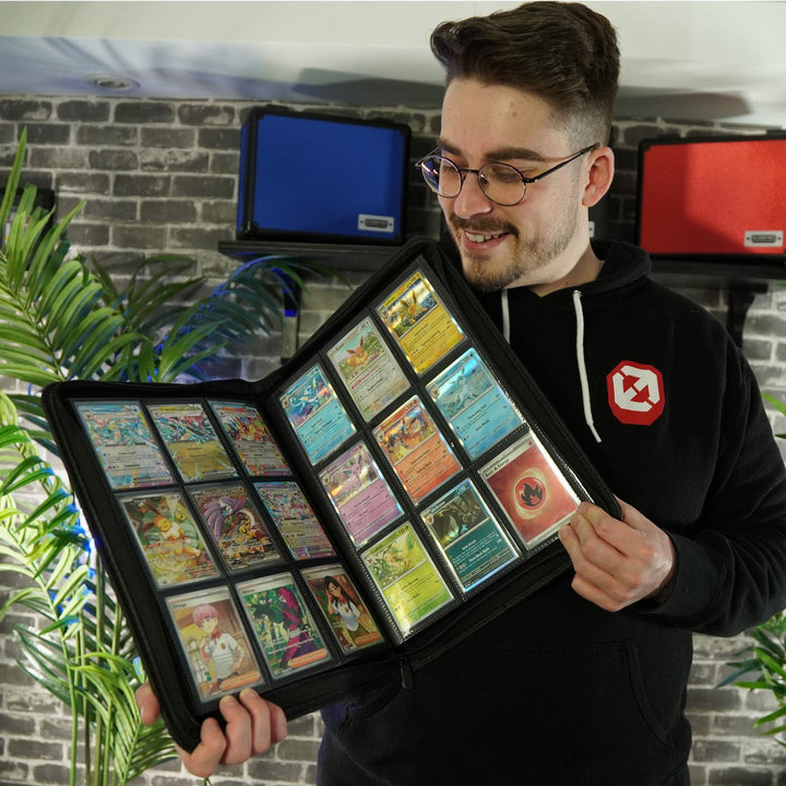 black 9 pocket zip up trading card binder displaying organized card collection