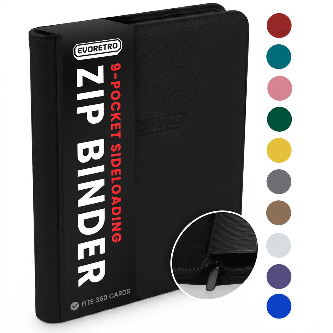 9 pocket zip up trading card binder holding 360 cards with zipper closure and multiple color options