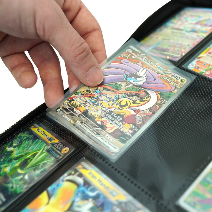 EVORETRO trading card binder side loading pocket inserting card into sleeve
