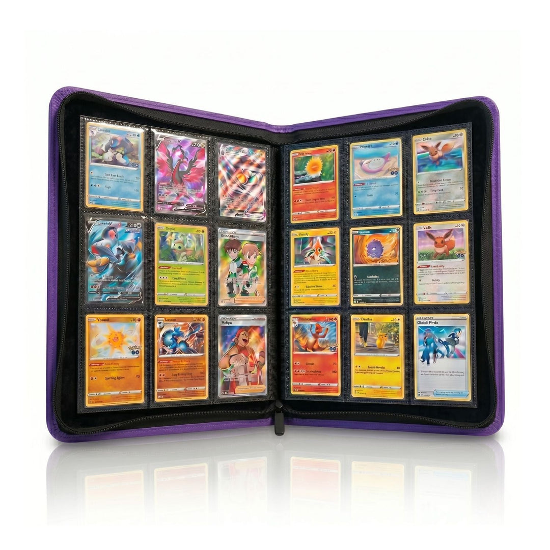 purple 9 pocket zip up binder open with cards inside