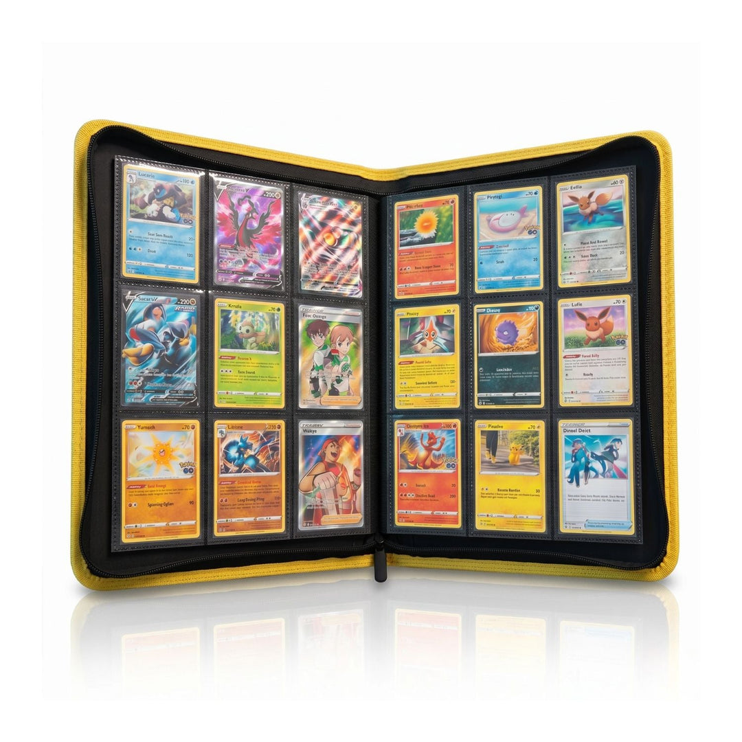 yellow 9 pocket zip up binder open with cards inside