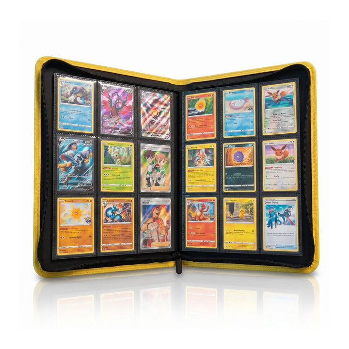 yellow 9 pocket zip up binder open with cards inside