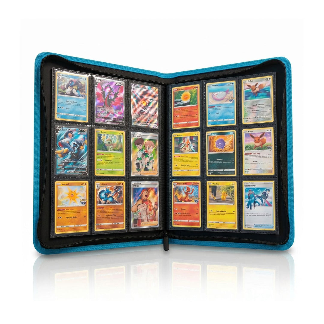 Blue 9 pocket zip up binder open with cards inside
