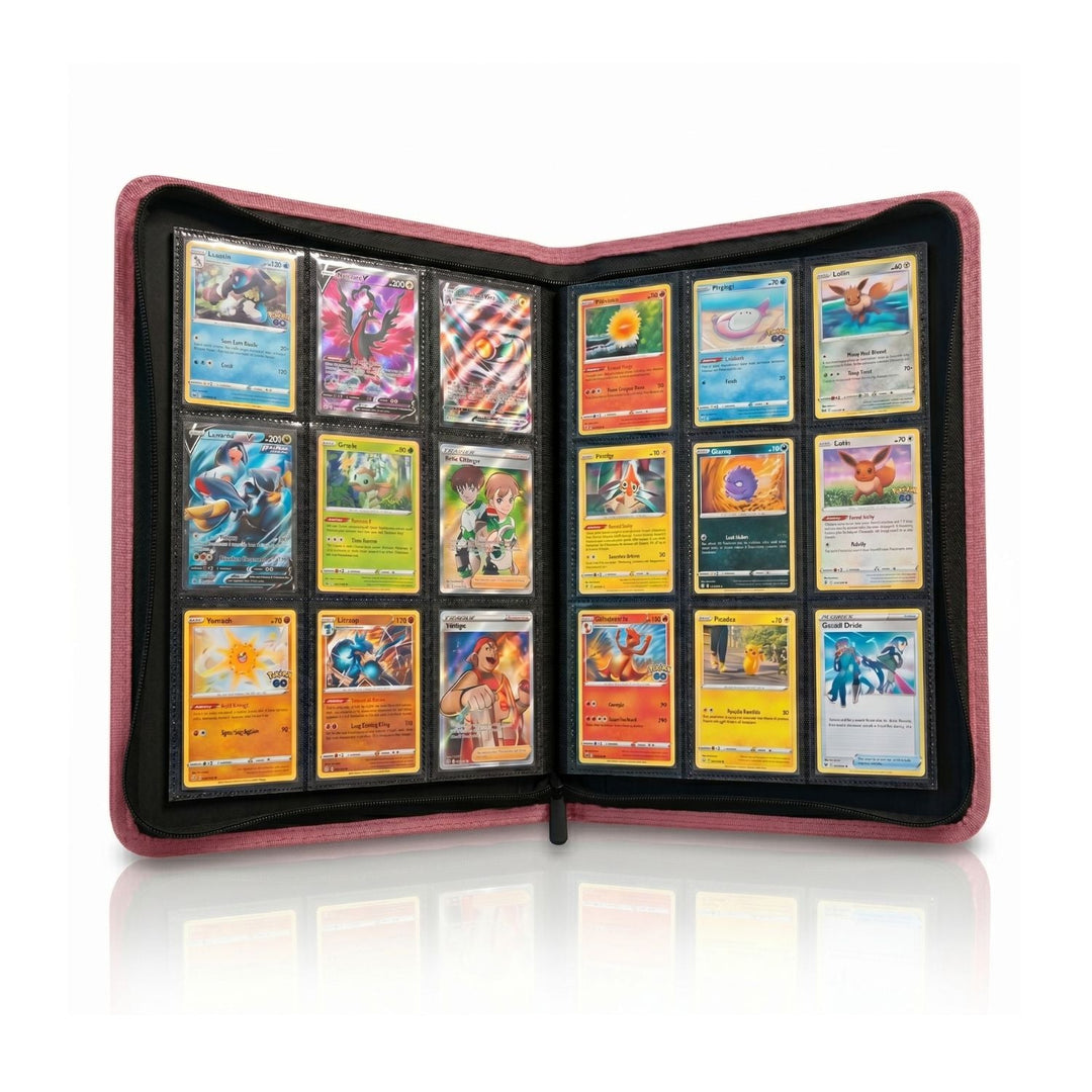 Pink 9 pocket zip up binder open with cards inside