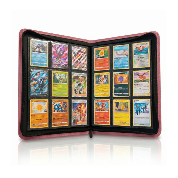 Pink 9 pocket zip up binder open with cards inside