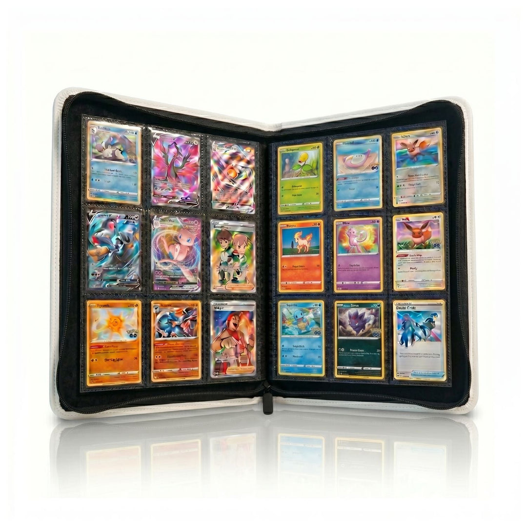 White 9 pocket zip up binder open with cards inside