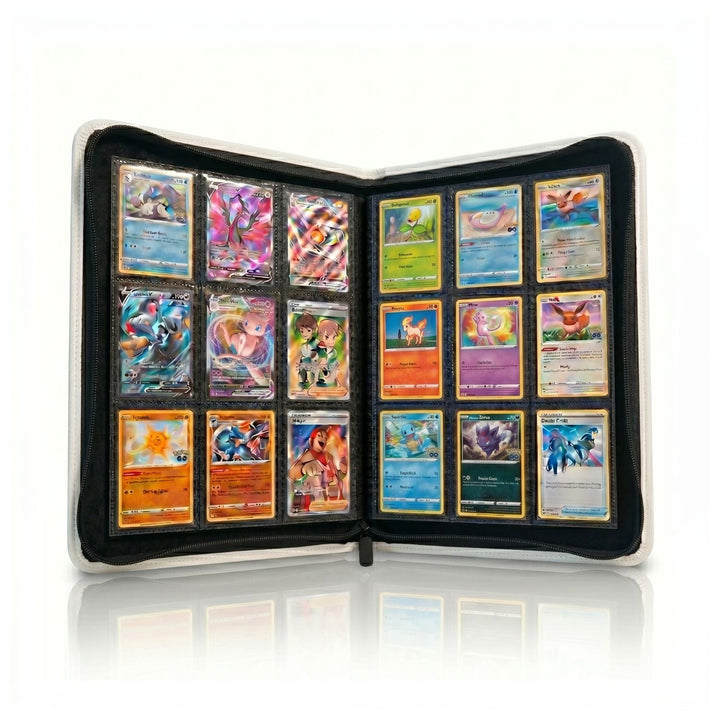 White 9 pocket zip up binder open with cards inside